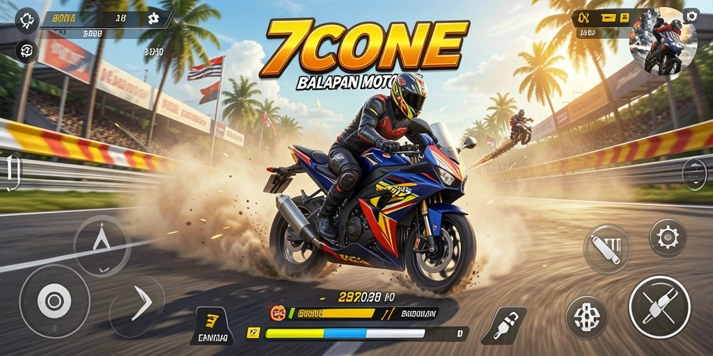 Gameplay mengasyikkan dalam 7CONE dengan balapan motor yang cepat.
