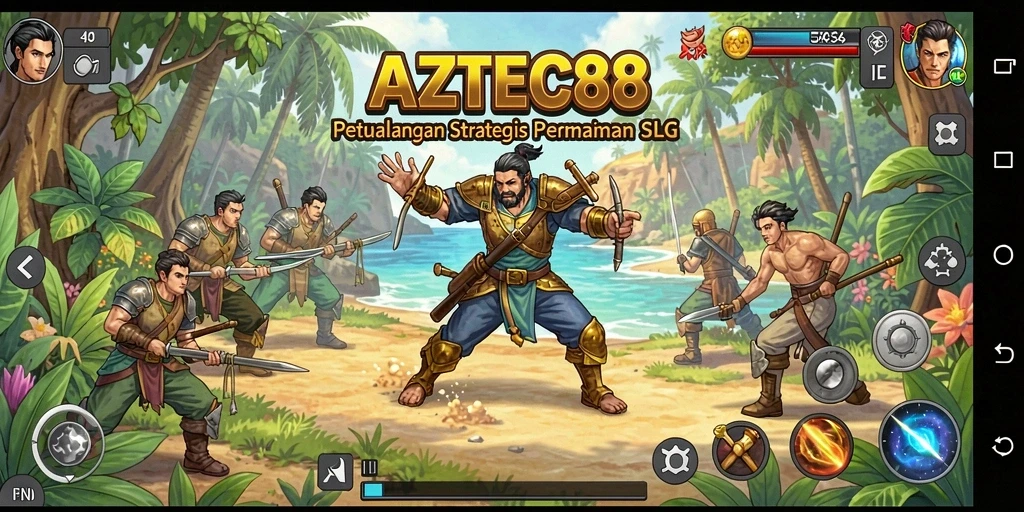 Tampilan gameplay AZTEC88 menunjukkan aksi strategi yang dinamis dan mendebarkan.