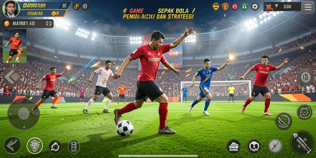 Tampilan gameplay dari game sepak bola yang seru dan mendebarkan.