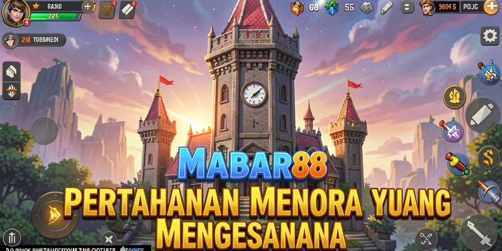 Screenshot gameplay MABAR88 yang menampilkan menara pertahanan dan musuh yang menyerang.
